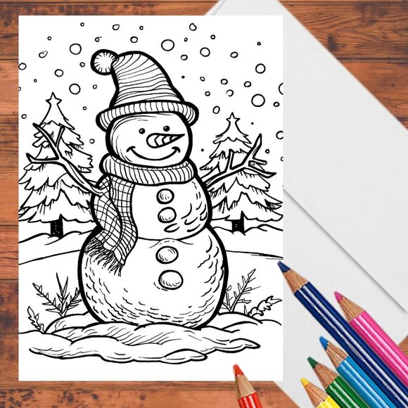 8 Winter Snowman Coloring A7 Cards: DIY 5 x 7 Greeting Card Kit with Envelopes - Picture 1 of 9